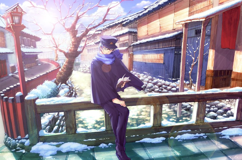 Обои для рабочего стола Vocaloid Kaito Shion / Вокалоид Кайто Шион с книгой в руке стоит на мосту на фоне зимнего пейзажа