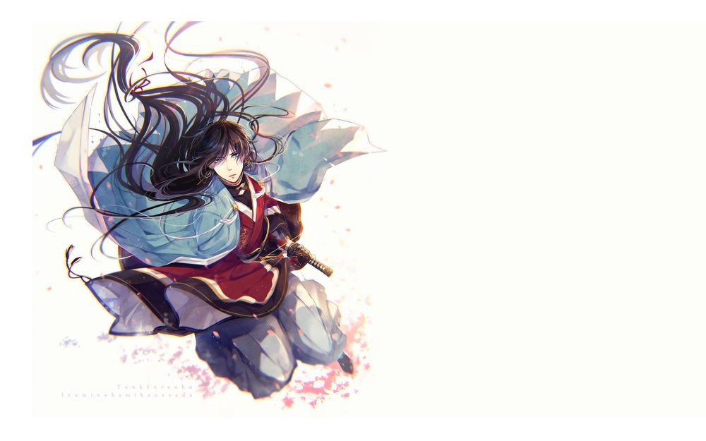 Обои для рабочего стола Izumi no Kami / Изуми но Ками с катаной на белом фоне из игры Touken Ranbu / Танец мечей