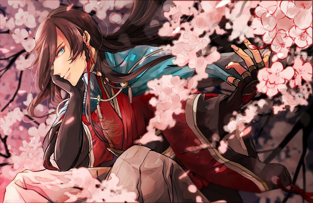 Обои для рабочего стола Izumi no Kami / Изуми но Ками среди цветущей сакуры из игры Touken Ranbu / Танец мечей