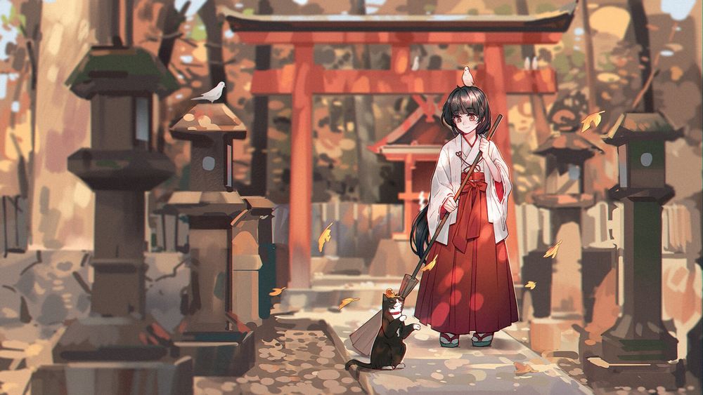 Обои для рабочего стола Девочка-жрица с котенком подметает дорожку у ворот торий возле японского храма