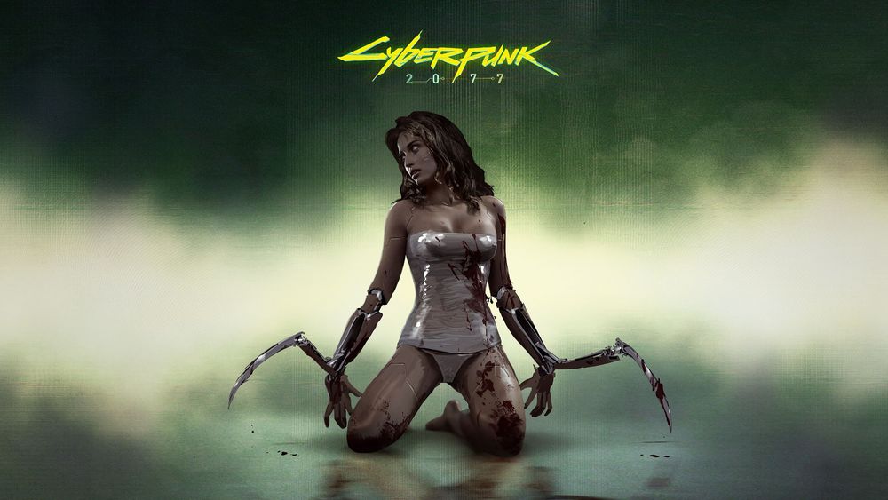 Обои для рабочего стола Девушка - кибер в крови на зеленом фоне, игра Cyberpunk 2077