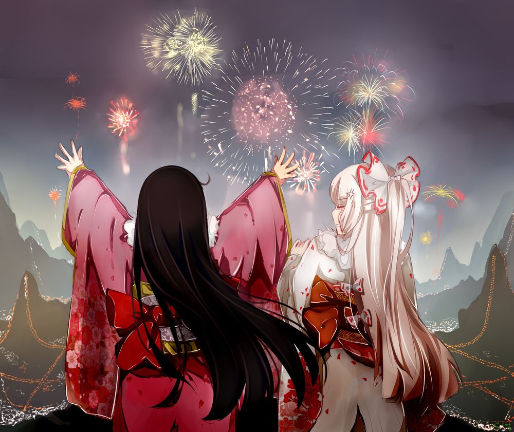 Обои для рабочего стола Fujiwara no Mokou / Фудзивара но Моко и Kaguya Houraisan в кимоно смотрят фейерверк в небе над горами, из серии игр Touhou Project / Проект Восток