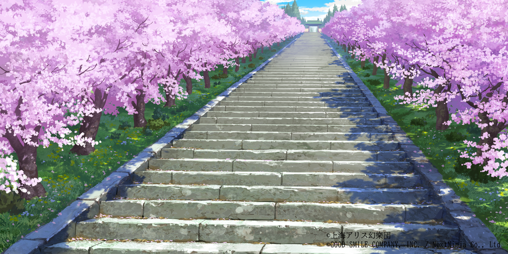 Обои для рабочего стола Лестница, ведущая в храм, проходящая среди цветущих деревьев сакуры, арт по игре Проект Восток / Touhou Project