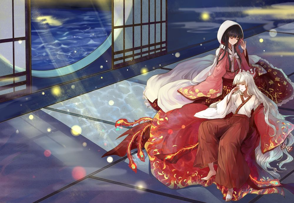 Обои для рабочего стола Fujiwara no Mokou / Фудзивара но Моко и Kaguya Houraisan отдыхают на татами, любуясь ночным пейзажем, из серии игр Touhou Project / Проект Восток