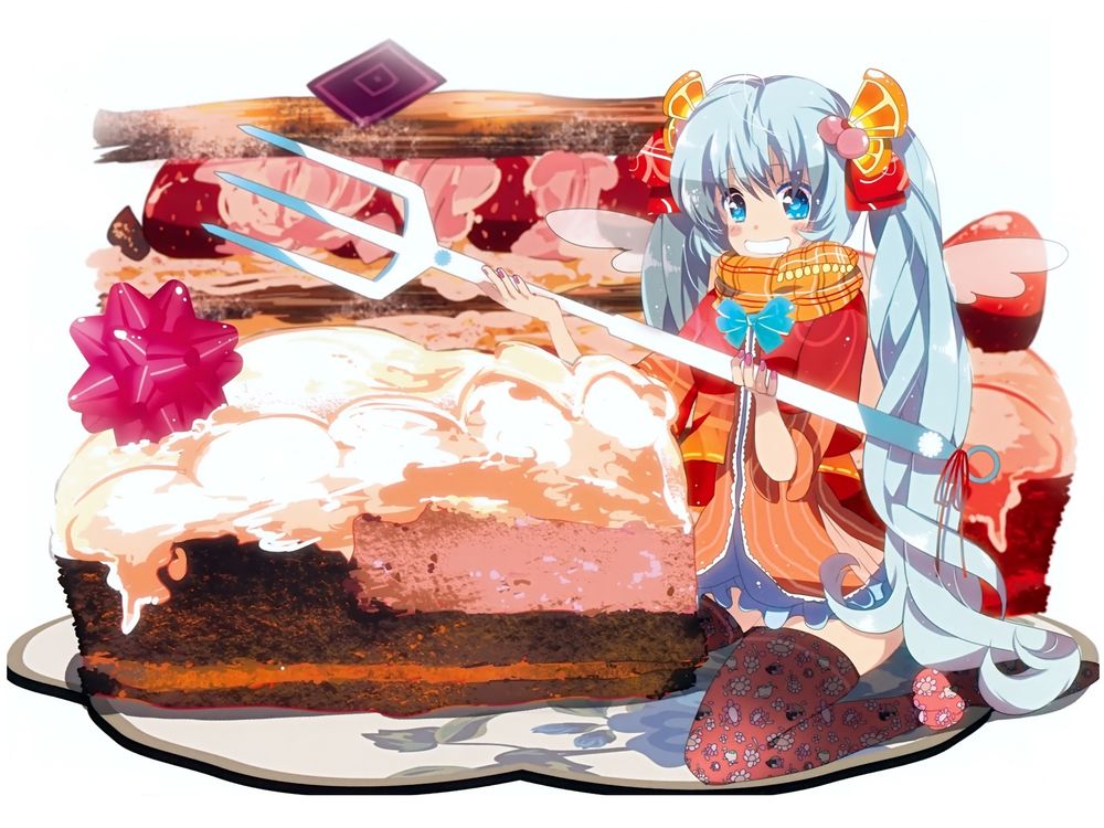 Обои для рабочего стола Vocaloid Hatsune Miku / Вокалоид Хатсунэ Мику с большой вилкой в руках у огромного куска бисквитного торта, by MariY