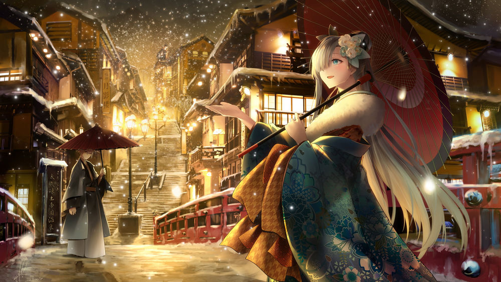 Обои для рабочего стола Anastasia / Анастасия из игры Fate / Grand Order / Судьба / Великий Порядок сидит с зонтиком под идущим снегом