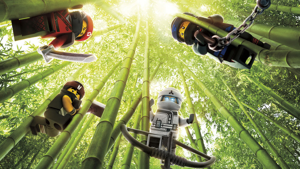 Обои для рабочего стола Lego Movie Ninjago / четыре персонажа Ниндзяго на бамбуковых палках
