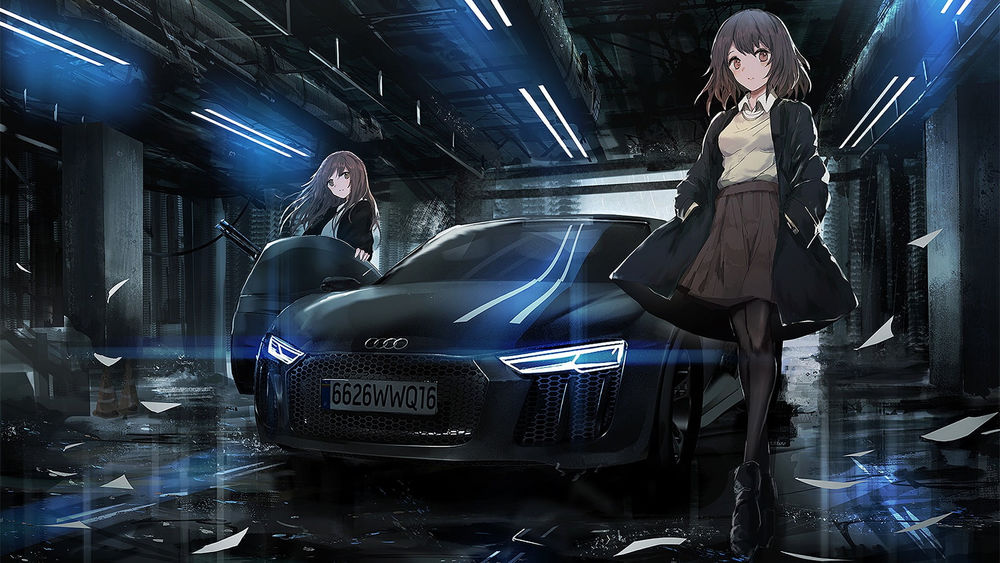 Обои для рабочего стола Две девушки стоят у Audi R8 на парковке