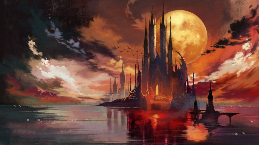 Обои для рабочего стола Волшебный замок посреди озера освещенный красным вечерним небом