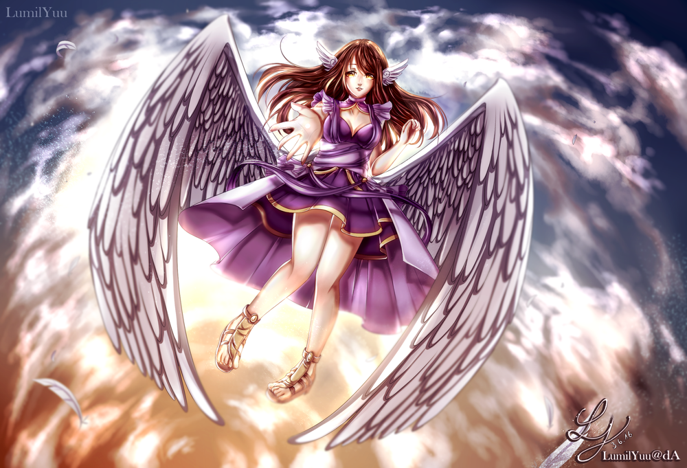 Обои Длинноволосая девушка-ангел в небе, by Dakiarts на рабочий стол