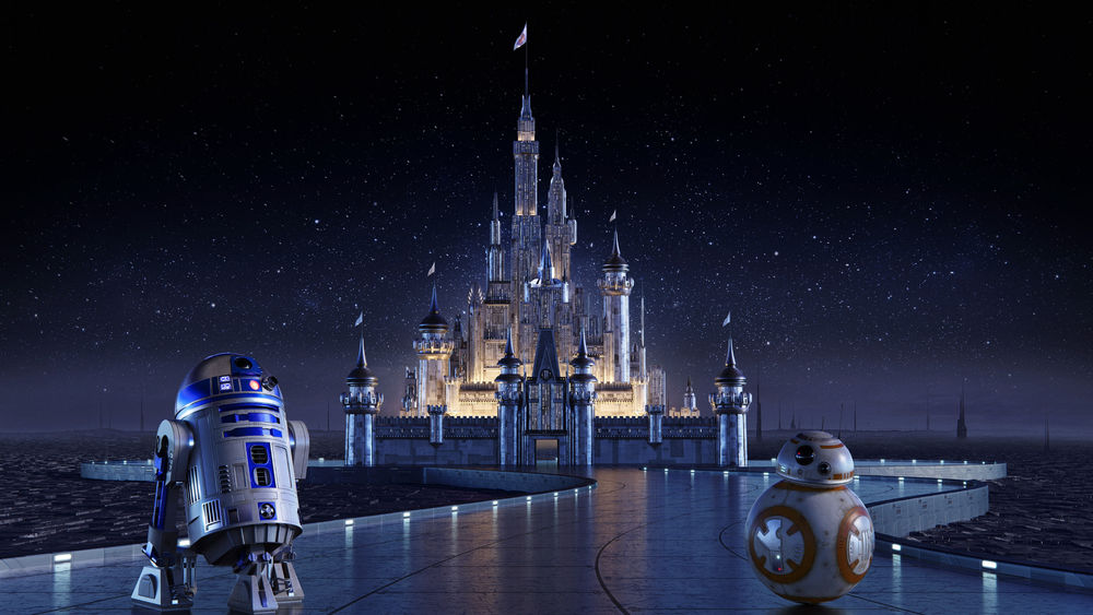 Обои для рабочего стола R2-D2, BB-8 два персонажа из Звездных войн на фоне Дисней замка