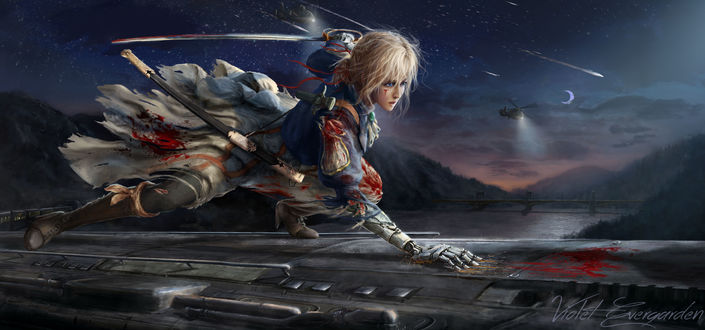 Обои на рабочий стол Раненная Violet Evergarden / Вайолет Эвергарден с катаной из аниме Violet Evergarden / Вайолет Эвергарден, by Samond