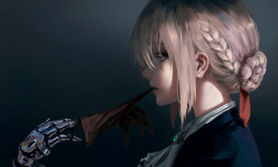 Обои на рабочий стол Violet Evergarden / Вайолет Эвергарден из аниме Violet Evergarden снимает зубами перчатку с руки, art by WLOP