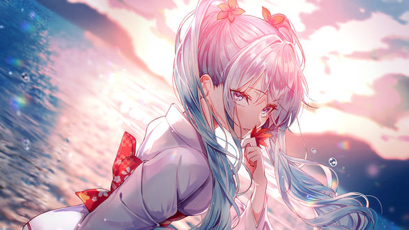 Обои на рабочий стол Vocaloid Hatsune Miku / Вокалоид Хатсуне Мику стоит на берегу озера