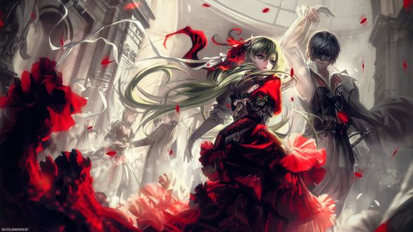 Обои на рабочий стол Vocaloid / Вокалоид Хацунэ Мику и Кагамине Рин танцуют испанский фламенко, by TwistedLilBeauty