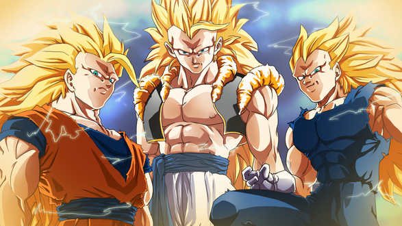 Обои на рабочий стол Драконий жемчуг / Dragon Ball, три аниме персонажа Gogeta / Goku / Vegeta
