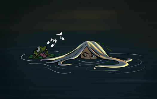 Обои на рабочий стол Девушка и рядом с ней лягушка в воде, автор Alyssa Huizingh