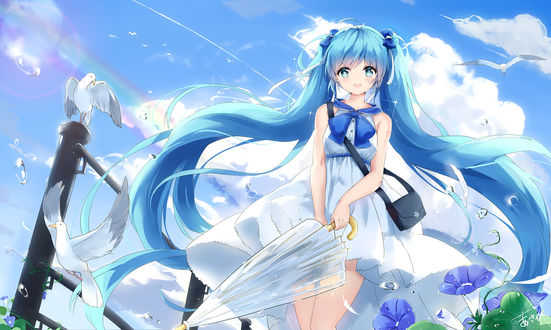 Обои на рабочий стол Vocaloid Hatsune Miku / Вокалоид Хатсунэ Мику стоит на фоне облачного неба