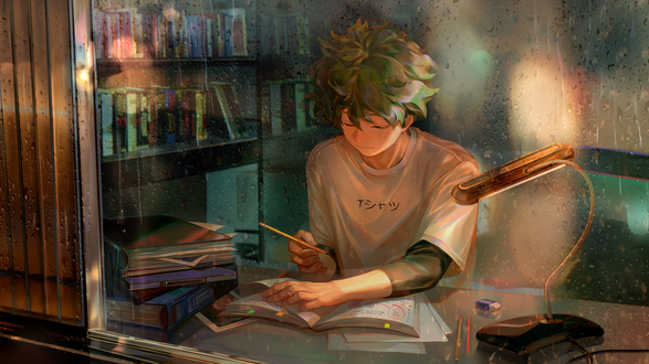 Обои на рабочий стол Izuku Midoriya / Идзуку Мидория из аниме Boku no Hero Academia / Моя геройская академия сидит за столом с карандашом в руке