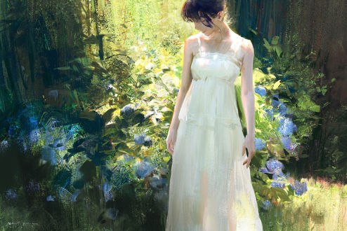 Обои на рабочий стол Девушка стоит у цветущего куста, by Mazert Young