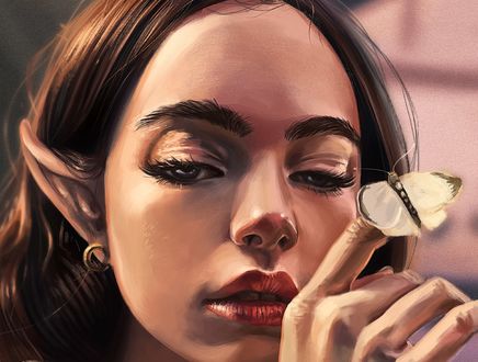 Обои на рабочий стол Девушка - эльф с мотыльком на пальце руки, by Nyctoinc Illustrations