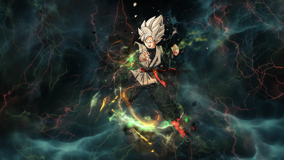Обои на рабочий стол Персонаж из игры и аниме Драконий жемчуг / Dragon Ball / Гоку / Goku стоит на фоне молний