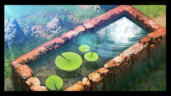 Обои на рабочий стол Каменный бассейн с листьями на воде, by haikeisan_0001