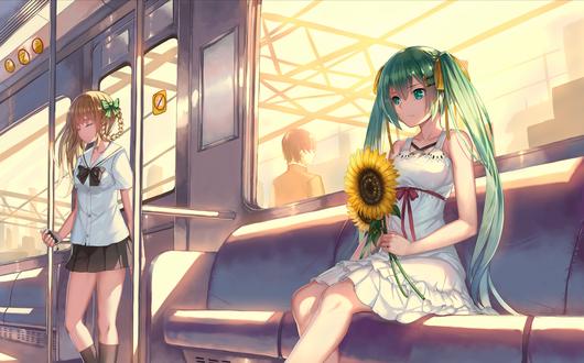 Обои на рабочий стол Девочки в вагоне, одна стоит, другая Vocaloid Hatsune Miku / Вокалоид Хатсунэ Мику с цветком в руке сидит, by MusyneXSK