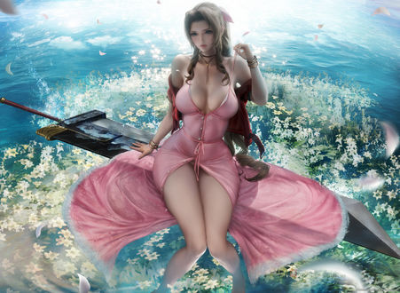 Обои на рабочий стол Aerith Gainsborough / Айрис Гейнсборо сидит на огромном мече над поверхностью воды, персонаж компьютерной ролевой игры Final Fantasy VII Remake / Последняя фантазия 7, art by Sakimichan