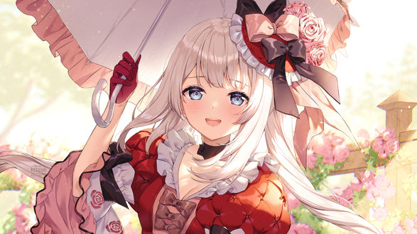 Обои на рабочий стол Marie Antoinette / Мария Антуанетта держит зонт в руке, персонаж из игры и аниме Fate / Grand Order / Судьба: Великий Приказ, art by Rosuuri