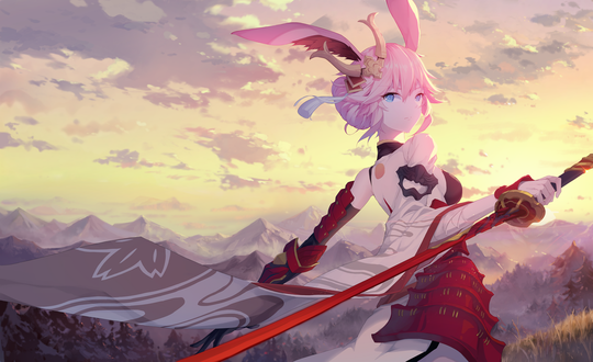 Обои на рабочий стол Yae Sakura / Сакура Яэ держит в руке меч, персонаж из мобильной игры Honkai Impact 3, art by Cass-Kakakuma