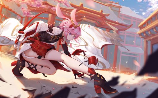 Обои на рабочий стол Yae Sakura / Сакура Яэ, персонаж из мобильной игры Honkai Impact 3, art by Asa Ni Haru