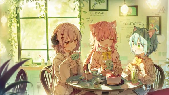Обои на рабочий стол Две Neko Girls / неко девушки с рогатой подружкой пьют чай с бисквитным тортом в уютной комнатке