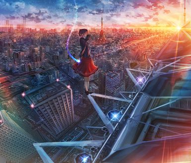Обои на рабочий стол Девочка стоит на железной конструкции на фоне города на закате, by Nakomo