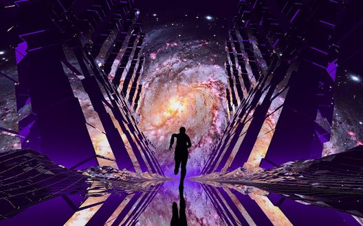 Обои на рабочий стол Портал в космос и бегущий мужчина, by Giorgi Tordia