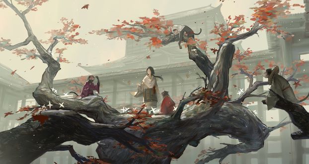Обои на рабочий стол Девушка на дереве с обезьянами из игры Sekiro / Shadows Die Twice / Одинокий волк / Тени умирают дважды