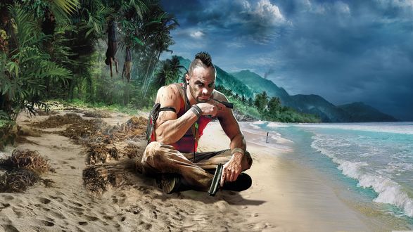 Обои на рабочий стол Vaas Montenegro / Вас Черногорец из игры Far Cry 3 сидит на берегу океана с пистолетами в руках
