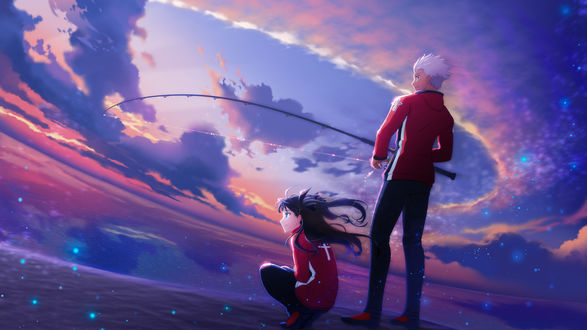 Обои на рабочий стол Рин Тосака / Tohsaka Rin и Emiya Shirou / Эмия Широ из аниме Судьба / Ночь схватки / Fate / stay night