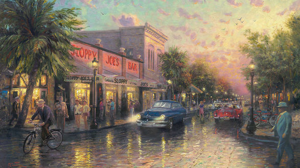 Обои на рабочий стол Оживленная городская улица, художник Томас Кинкейд / Thomas Kinkade