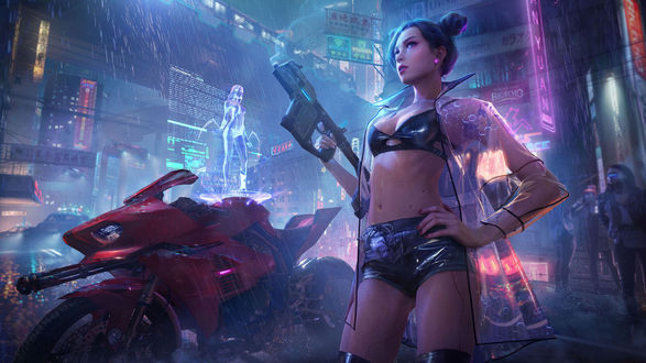Обои на рабочий стол Девушка Cyberpunk 2076 с оружием на улице фантастического ночного города, автор Yuan Yuan