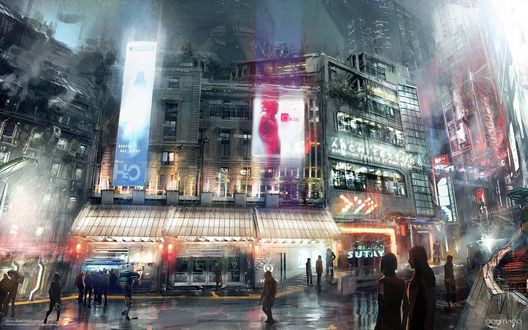 Обои на рабочий стол Люди в фантастическом городе, арт к киберпанк игре Adrift