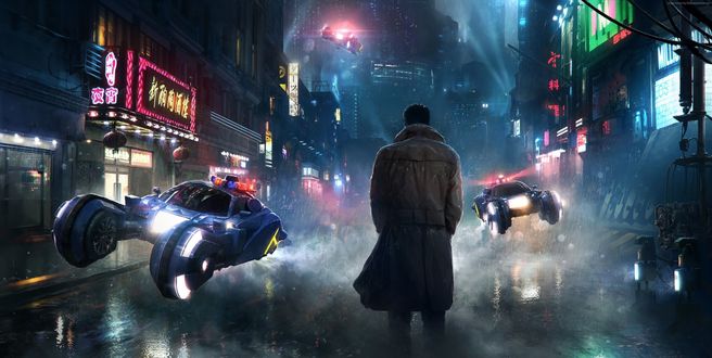 Обои на рабочий стол Мужчина идущий по улице фантастического города, триллер Blade Runner Rachel / бегущий по лезвию