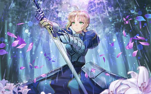 Обои на рабочий стол Saber / Сэйбер из аниме Судьба: Ночь прибытия / Fate: Stay Night с мечом в руке, by kankito