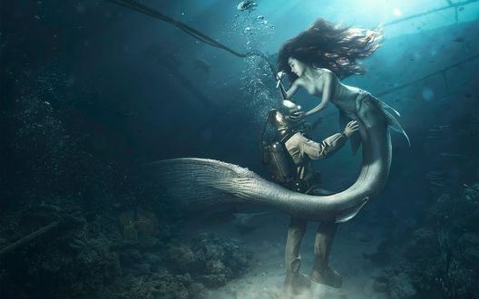 Обои на рабочий стол Русалка с ножом в руке и водолаз, by Rafael Vallaperde
