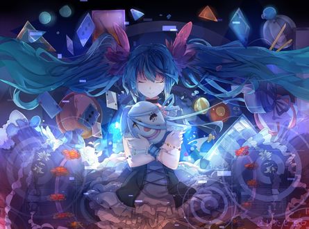 Обои на рабочий стол Vocaloid Hatsune Miku / Вокалоид Хатсунэ Мику держит в руках маску