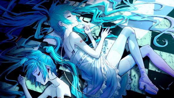Обои на рабочий стол Vocaloid Hatsune Miku / Вокалоид Хатсунэ Мику лежит на полу