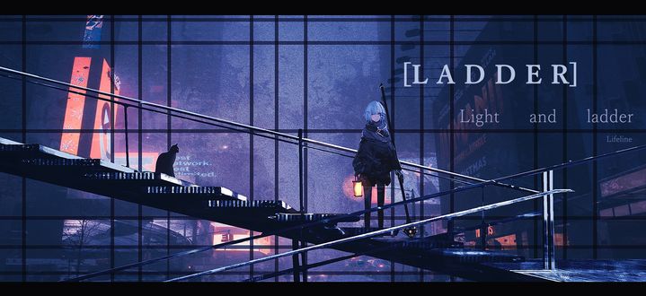 Обои на рабочий стол Девушка и черная кошка на лестнице, by Lifeline (LADDER Light and Ladder)