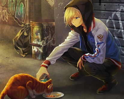 Обои на рабочий стол Юрий Плисецкий из аниме Юрий на льду / Yuri on Ace кормит рыжего кота
