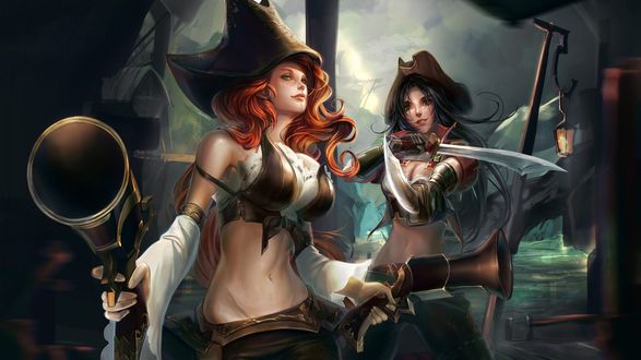Обои на рабочий стол Miss Fortune / Мисс Фортуна, Katarina / Катарина арт к игре League of Legends / Лига Легенд, by Phong Anh