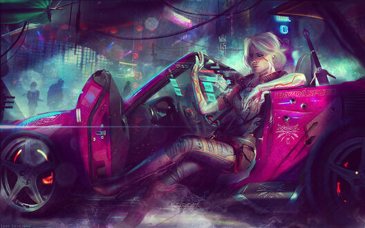 Обои на рабочий стол Девушка - киберпанк сидит в авто, by Eddy Shinjuku